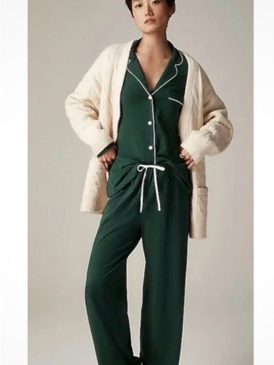 Nwt Jcrew Dark Green Pajama Set With White Piping